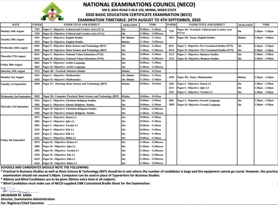 NECO BECE Timetable 2