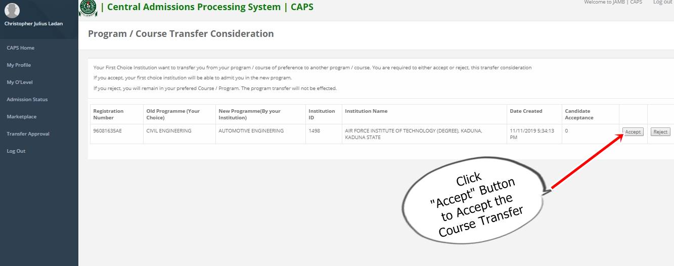 How to Accept/Reject Course Transfer on CAPS Portal