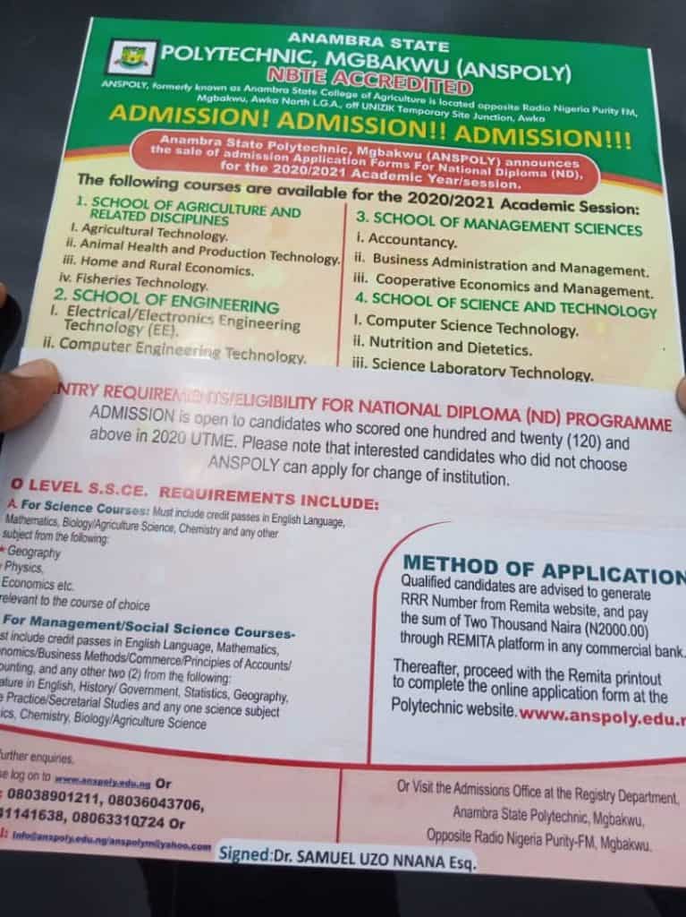 Anambra State Polytechnic Admission Requirements