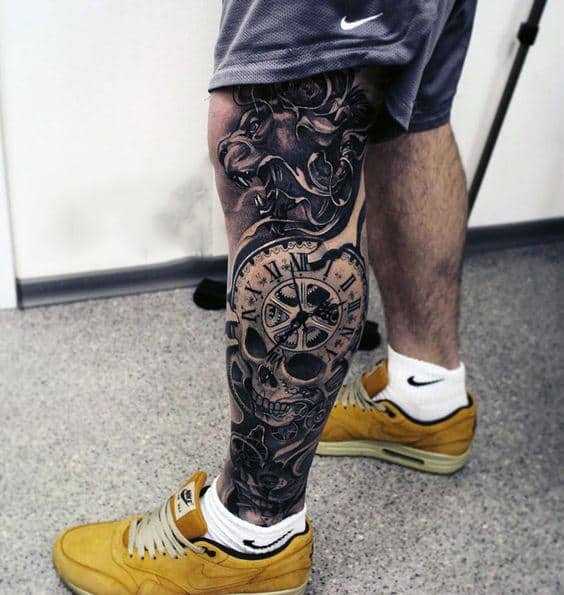 30 Lion Leg Tattoo Designs For Men - Big Cat Ink Ideas, skull leg tattoos for men