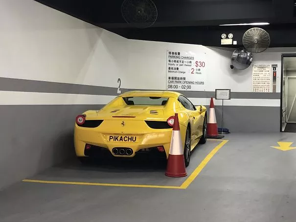 1. A Yellow Ferrari With a “Pikachu” License Plate In Hong Kong.